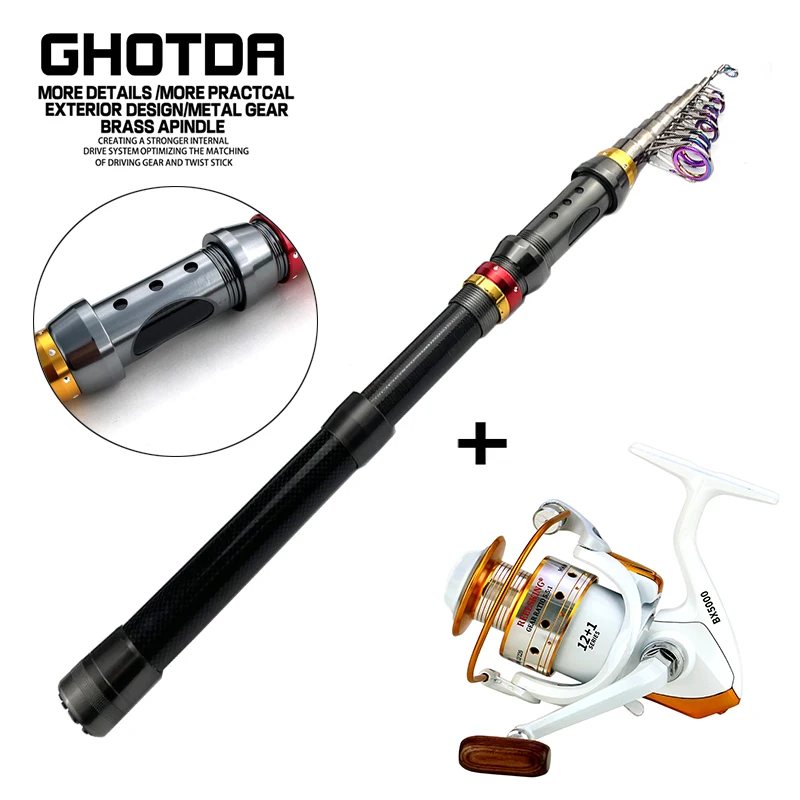 

1.8-3.6m Portable Telescopic Carbon Fiber Sea Fishing Rod 5.5:1 Baitcasting Reel Combo for Bass Carp Tackle Max Drag 3-8kg Pesca