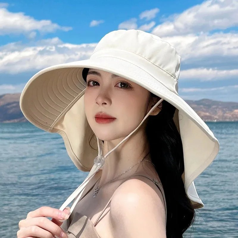 2024 Korean Women Summer Sun Hat Large Brim Neck Protection Sunshade Hats Cotton Solid Color Fisherman Cap Ladies Visors 모자