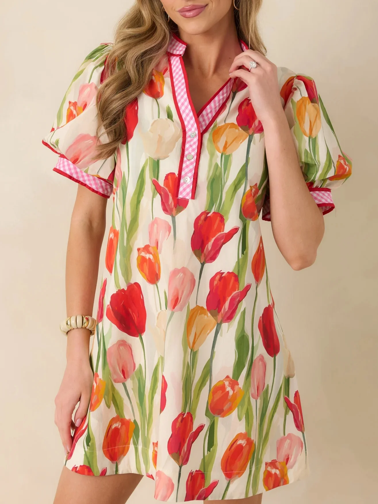 Damen-Minikleid mit Blumenmuster, Puffärmel, Laternenärmel, Kurzarm, V-Ausschnitt, lockeres Strandkleid im Boho-Stil
