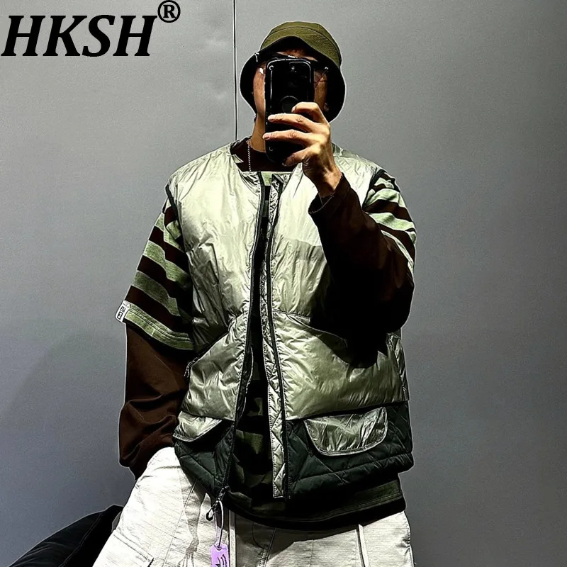 HKSH Autumn Winter New Safari Style Lightweight Down Vest Men Trend Ins Collarless Layered Vest Warm Loose Casual Jacket HK17067