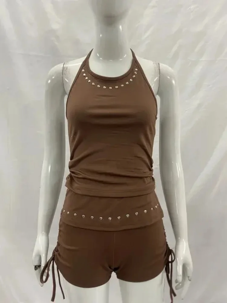 Harajuku estética calle clásico cordón tres partes pantalones cortos moda versátil sólido cuello corbata Metal Rhinestone chaleco ajustado conjuntos