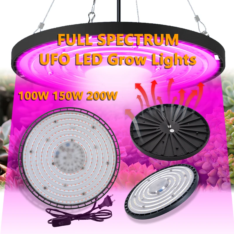 LED Grow Light UFO Full Spectrum Pink/Sunshine/100W 150 200W/AC165~265V/Aluminum Case/IP65 Waterproof/Hydroponic Plant Fill Lamp