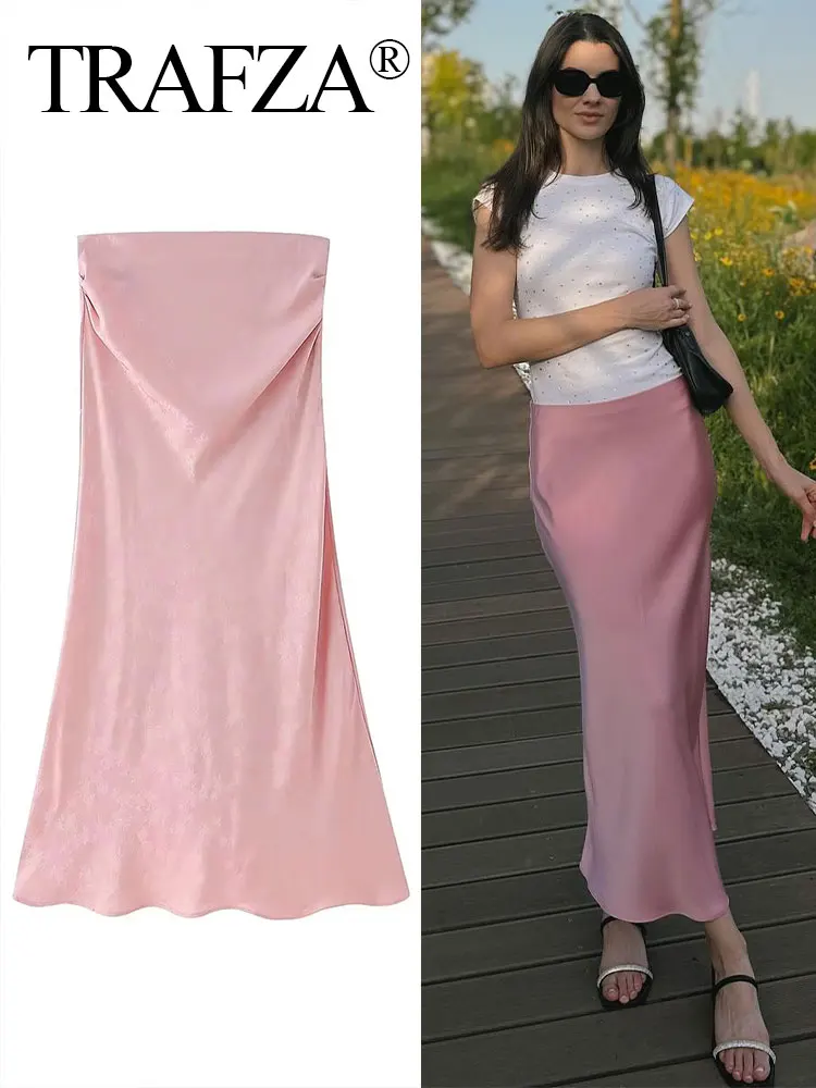 TRAFZA Women Summer New Fashion Pink Silk Satin Textured Jacquard Skirt Female Chic Elegant Zipper Slim High Street Skirt Mujer