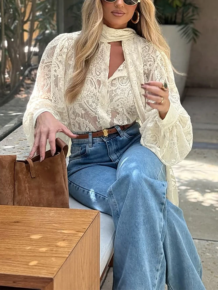 

Прозрачная блузка с рукавами-фонариками 2026: Элегантная женская рубашка с воротником-шарфом, весенне-летняя, модная, с кружевной вышивкой и ажурными вставками