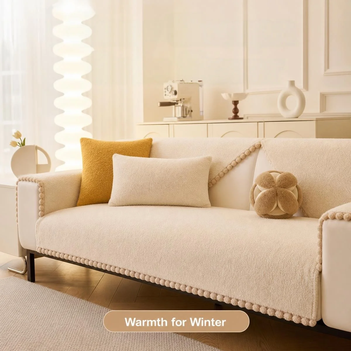 Solid Sherpa Anti-Slip Sofa Cover with Pom-Poms Decor for Living Room Couch Seat Cover, Universal Sofa Slipcover Furniture Towel