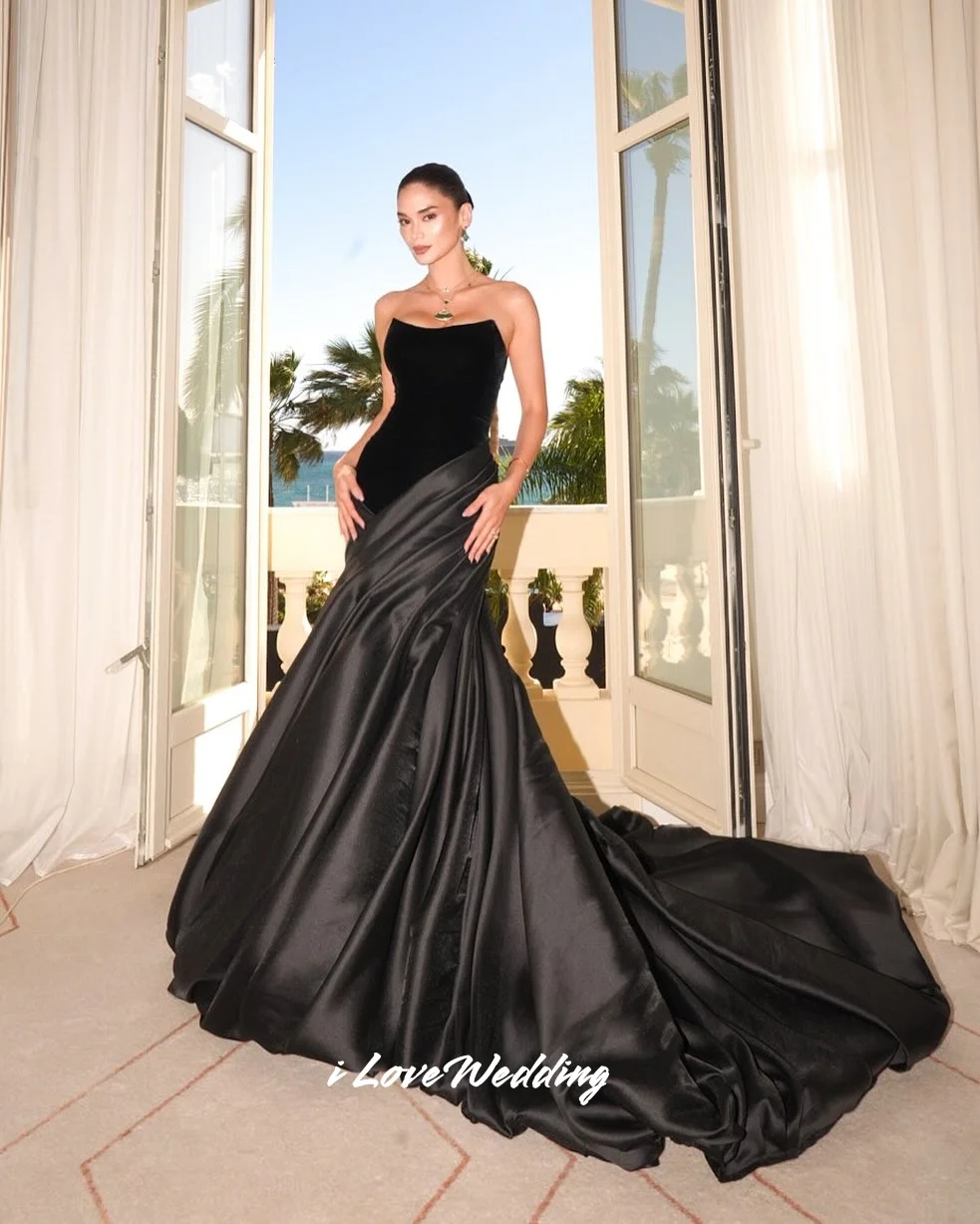 

Black Strapless Evening Dress 2025 Sleeveless A-line Backless Flower Sweep Train Elegant Pleated Wedding Party Dress Customized