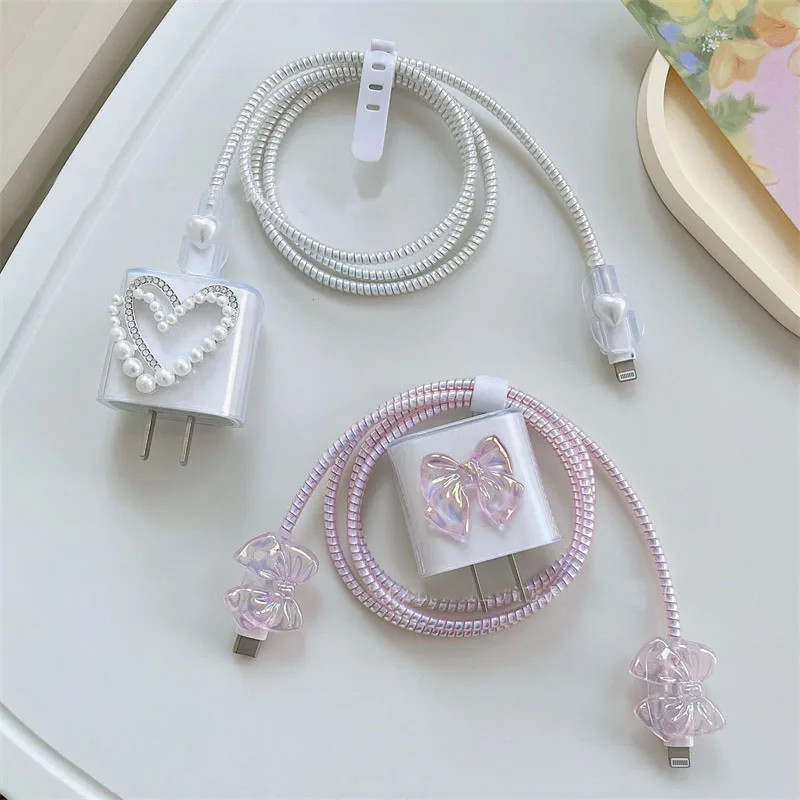 3D Pearl Diamond Love Heart Charger Cover For IPhone 11 12 13 14 18/20W Bow Transparent Charge Protection Cover Charger Sleeve