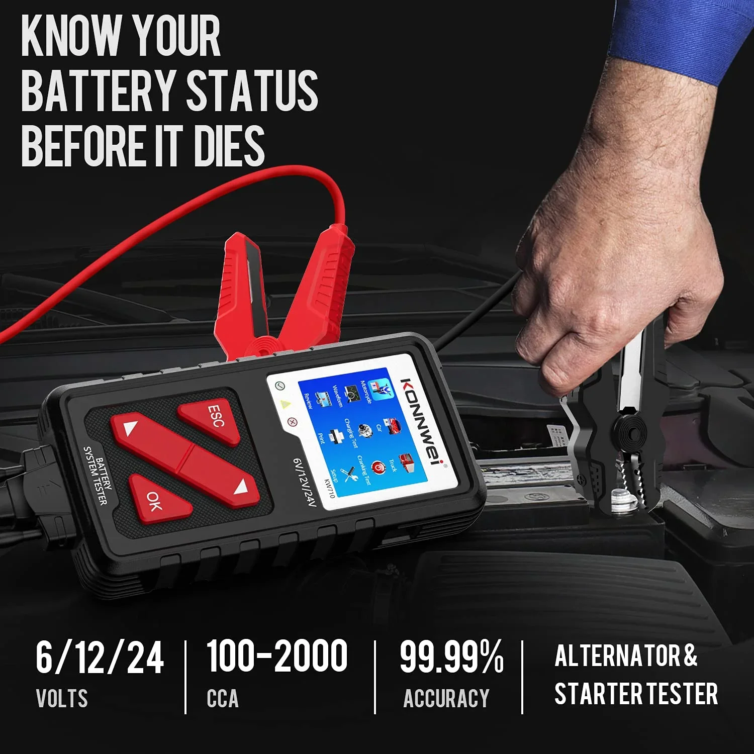 26 Durable KOWWEI KW710 Car Battery Tester 6V/12V/24V 100-2000CCA Battery Load Tester Charging Diagnostic Tool with Enhanced Cli