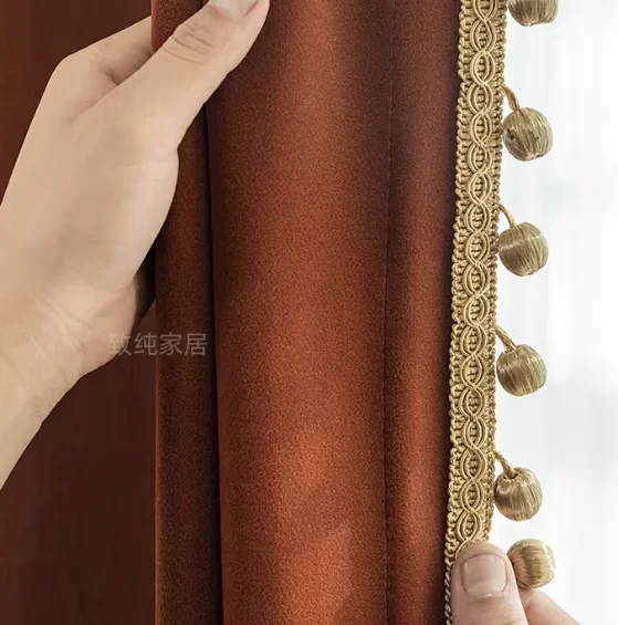 Retro Red-brown American Velvet Palace Style Curtains with Golden Lace Living Room Master Bedroom Decoration Room Blackout Door