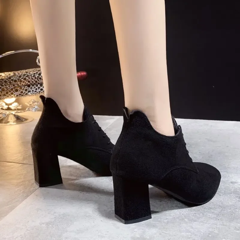 Spring New 2024 Ladies Retro Pumps Classics Flock Lace Up Office Round Toe Block High Heel Shoes Female Black Brown