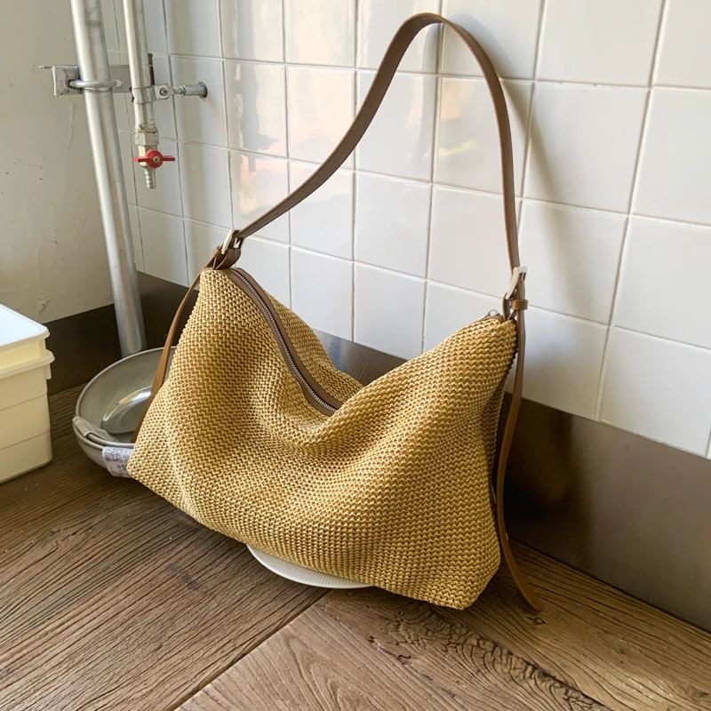 

Summer Woven Straw Tote Bag Casual Beach Vacation Women Shoulder Bags Large Capacity Female Handbag Solid Color sac fourre tout