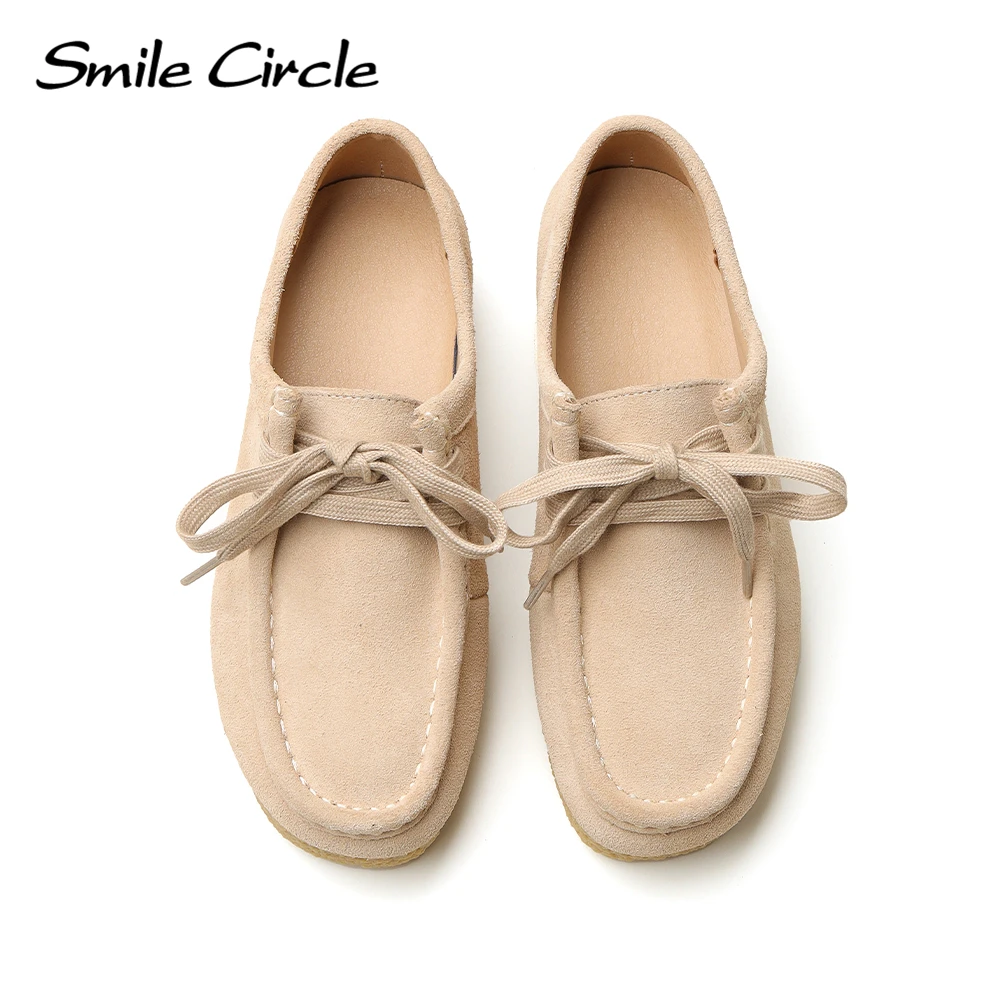 Smile Circle Wallabee Suede Leather Flat Shoes Women Lace-up Derby Shoes Autumn Casual Oxfords