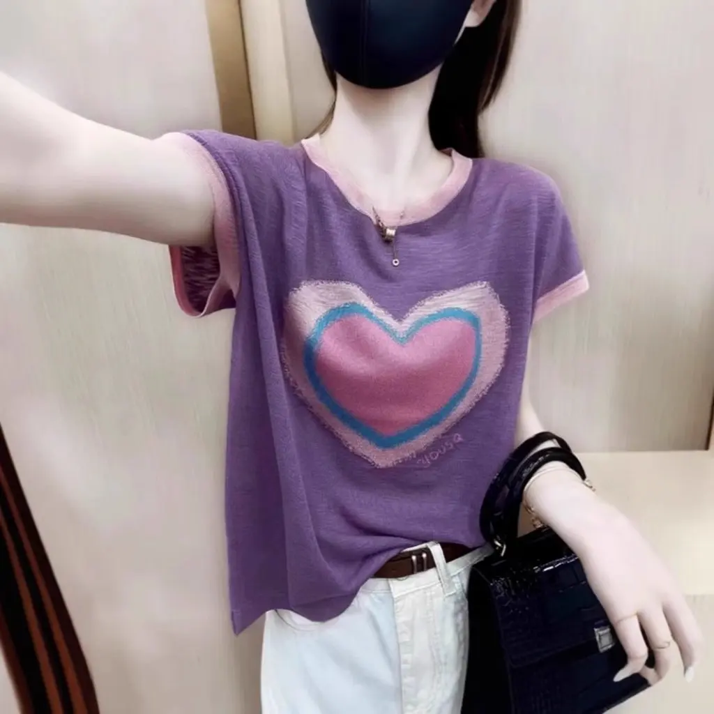 

Бамбуковый льняной топ с короткими рукавами и круглым вырезом Love Design, свободный крой, уменьшающий возраст, модный стиль для женщин