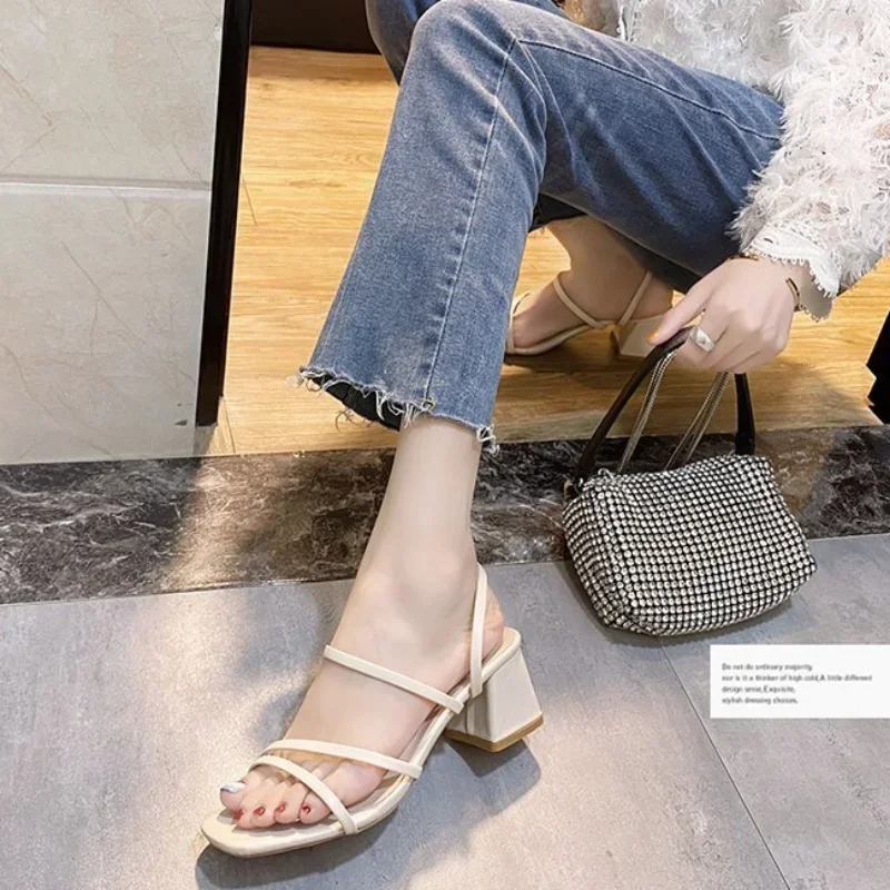 Women Sandals Ladies Square Heels Elegant Summer Slippers Outside Cross Tied Leather Female Slides Fashion Woman Sandals