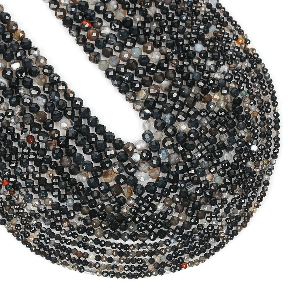 Natursteinperlen 2/3/4mm Facettiert Schwarzer Achat Runde Lose Zwischenperlen für Schmuckherstellung DIY Armbänder Ohrring-Zubehör