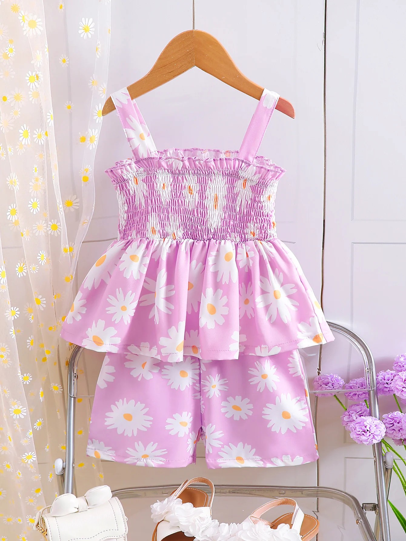 Kids Girl 2Pcs Outfit Small Daisy Print  Summer Sweet Cute Spaghetti Strap Top Shorts Set for 4-7 Years Children Clothing