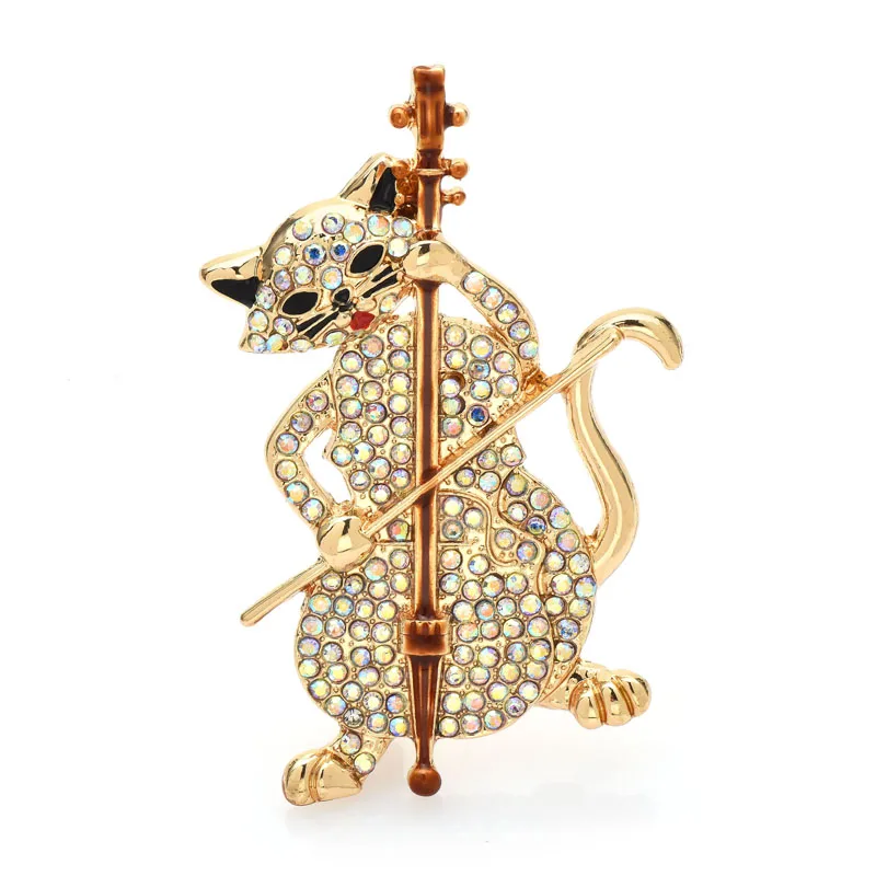 Wuli&baby Playing Cello Cats Brooches For Women Unisex 2-color Designer Musician Pets Animal Party Office Brooch Pin Gifts