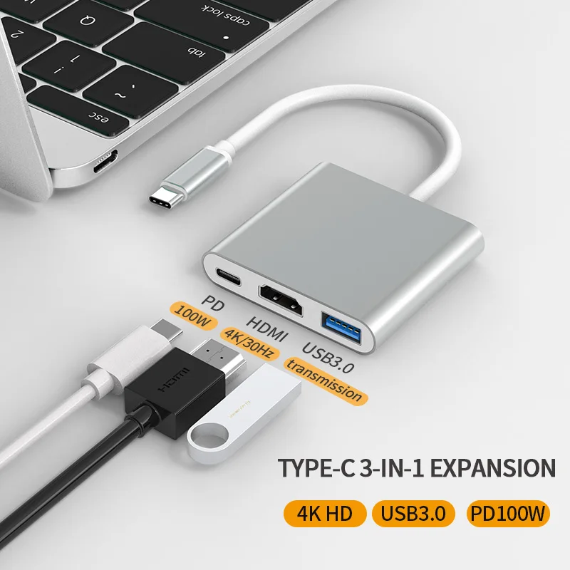 

3 In 1 USB-C HUB, Silver Type-C To 4K30Hz HDMl USB3.0 PD100W Docking Station For Mobile Phone，MacBook，Switch，Laptop Computer