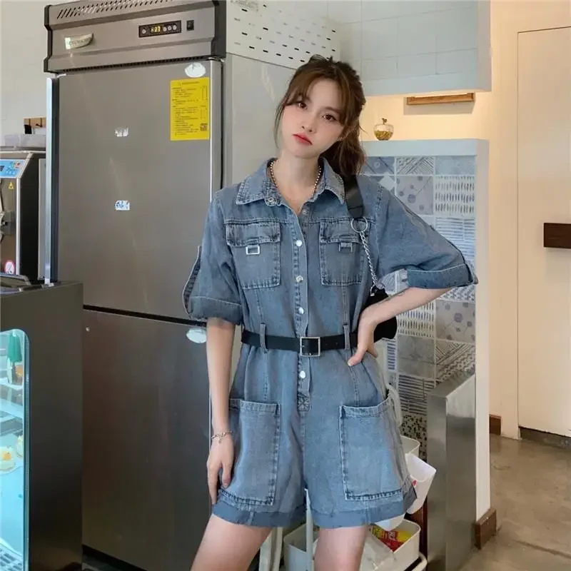 

Estceque Woman Jumpsuits Cargo Denim Shorts with Belt High Waist Shorts Slim 2023 New Rompers Women Clothing Korean Style Summer