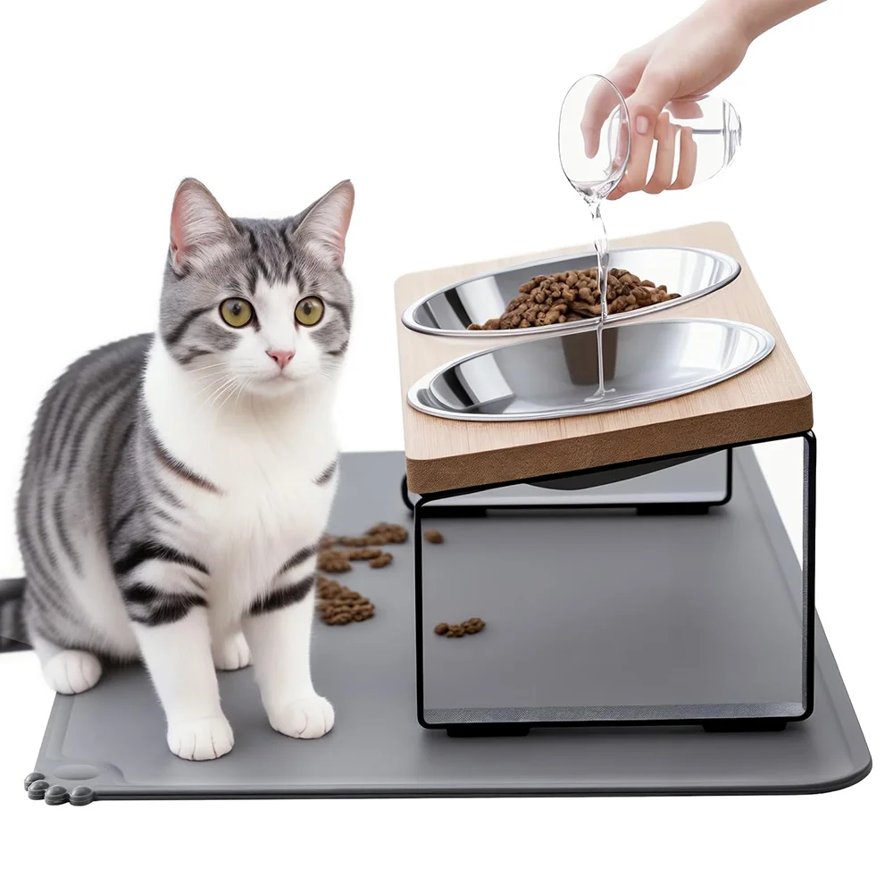

15° tilt bracket Anti-vomiting elevated cat bowl Elevated bamboo board painted cat bowl 2 stainless steel cat bowls puppy bowl
