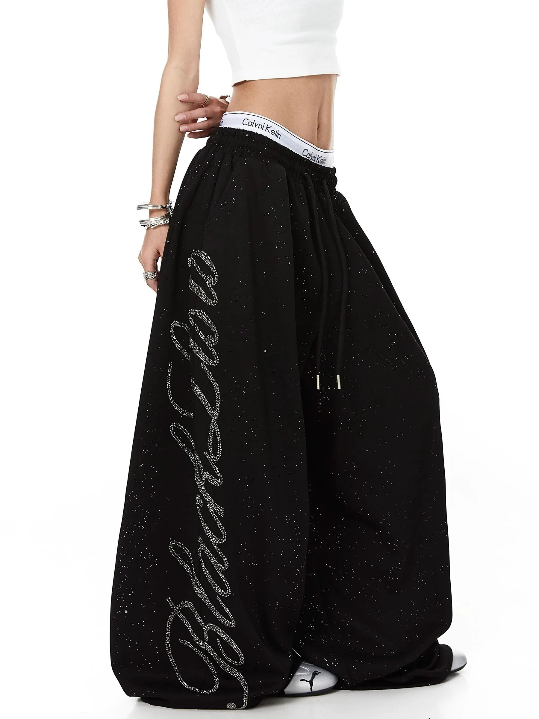 American Style Shiny Sparkle Rhinestone Design Loose Hanging Feeling Dancing Men's Casual Pants Wide Leg Pants Harlan Pants