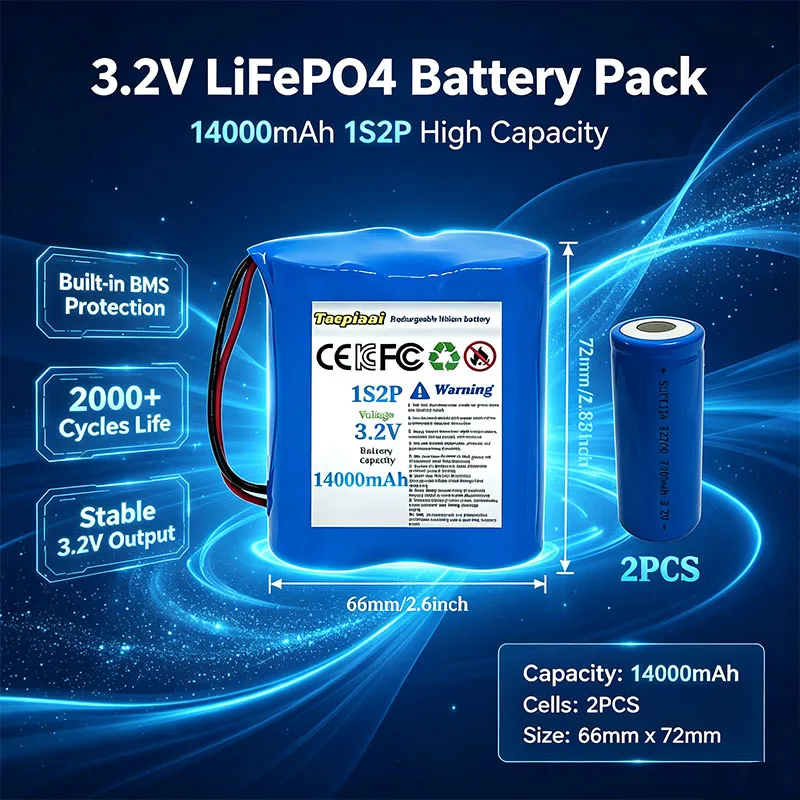 1S2P 3.2V 14000mAh 32700 LiFePO4 Battery Pack with BMS Protected Rechargeable Battery for Solar Light Monitoring Equipment.DIYS