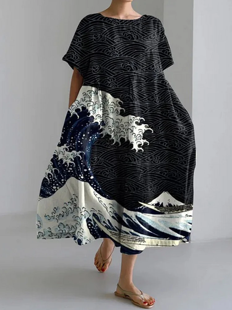 2024 New Women's Round Neck Long Casual Dress Plus Size Japanese Wave Sunset Print Dress Street Vacation Short-sleeved Dress