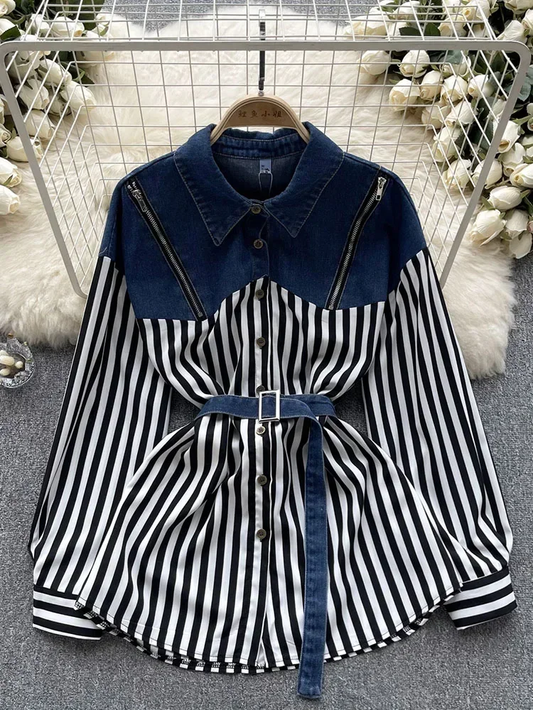 Women  Spring Autumn Blouse Design Sense Top New Niche Denim Color Contrast Patchwork Medium Length Long Sleeved Shirt  D5022