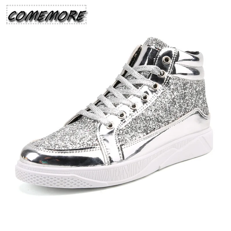 Shiny Fashion Mans High Top Casual Shoes Luxury Non-slip Sports Outsole Men Ankle Boots Wear-resistant Male Sneakers Large Size