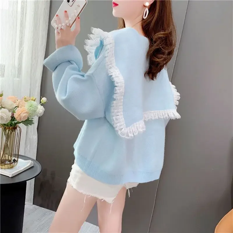 2025 Sweatshirts Women Sailor Collar Lace Splicing New Sweet Cartoon Sweater Solid Tops Female