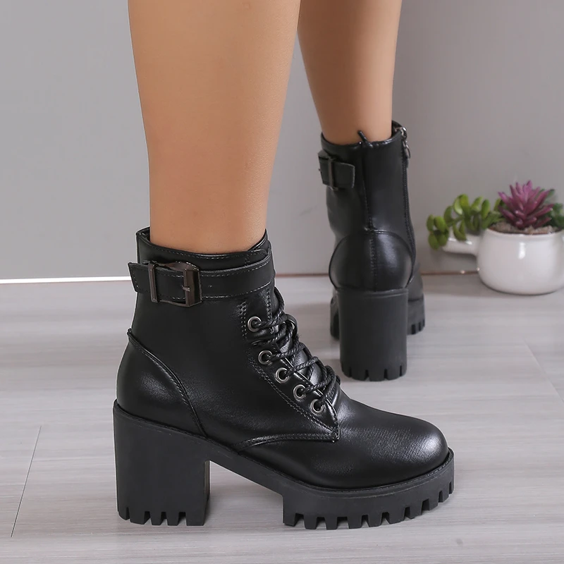 New Winter Lace-up Solid Color Warm Casual Non-slip High Heels Round Toe Fashion Side Zipper Square Heel Women's Boots image 5