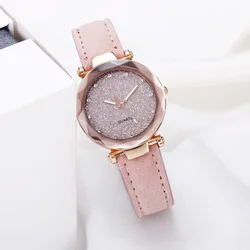 Relojes Para Mujer con diamantes de imitación redondos, reloj de pulsera de cuarzo Vintage con cinturón esmerilado, estrella, cielo, rosa, tendencia de ocio