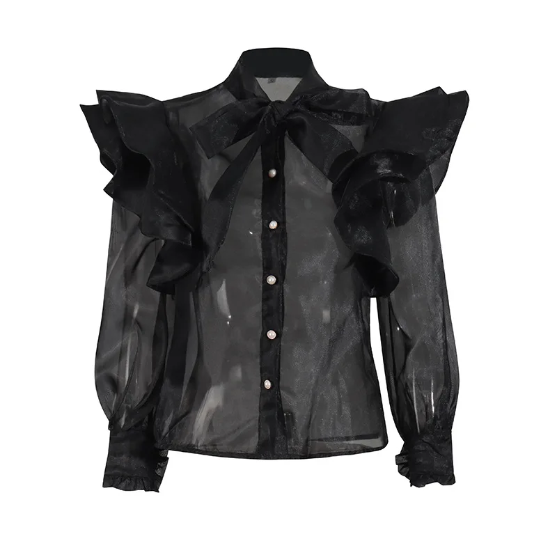 YUERWANG Women Shirt 2025 Spring New Elegant Ruffled Design Organza Blouse Vintage All Match Puff Sleeve Perspective Sexy Tops