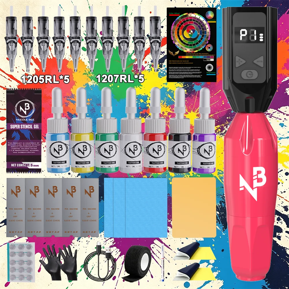 Pink NB Wireless Tattoo Pen Kit Rotary Tattoo Gun with Ink & Needles Full Tattoo Set for Body Art Practice