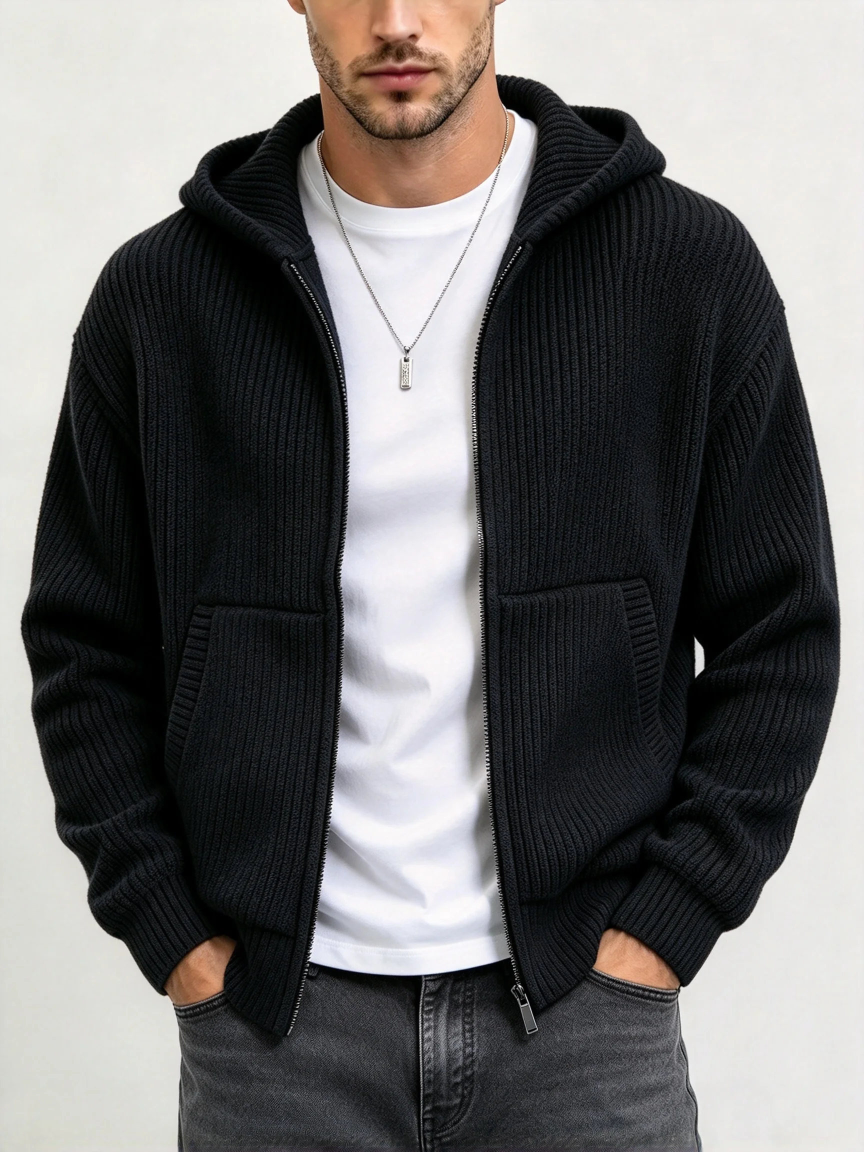 Men Full Zip Hooded Knit Cardigan Loose Ribbed Knitted Jacket With Pockets Long Sleeve Solid Color Streetwear Autumn Winter Men