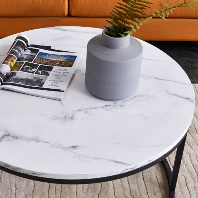 Hot sale white coffee table round marble sticker coffee table sets metal frame wooden table