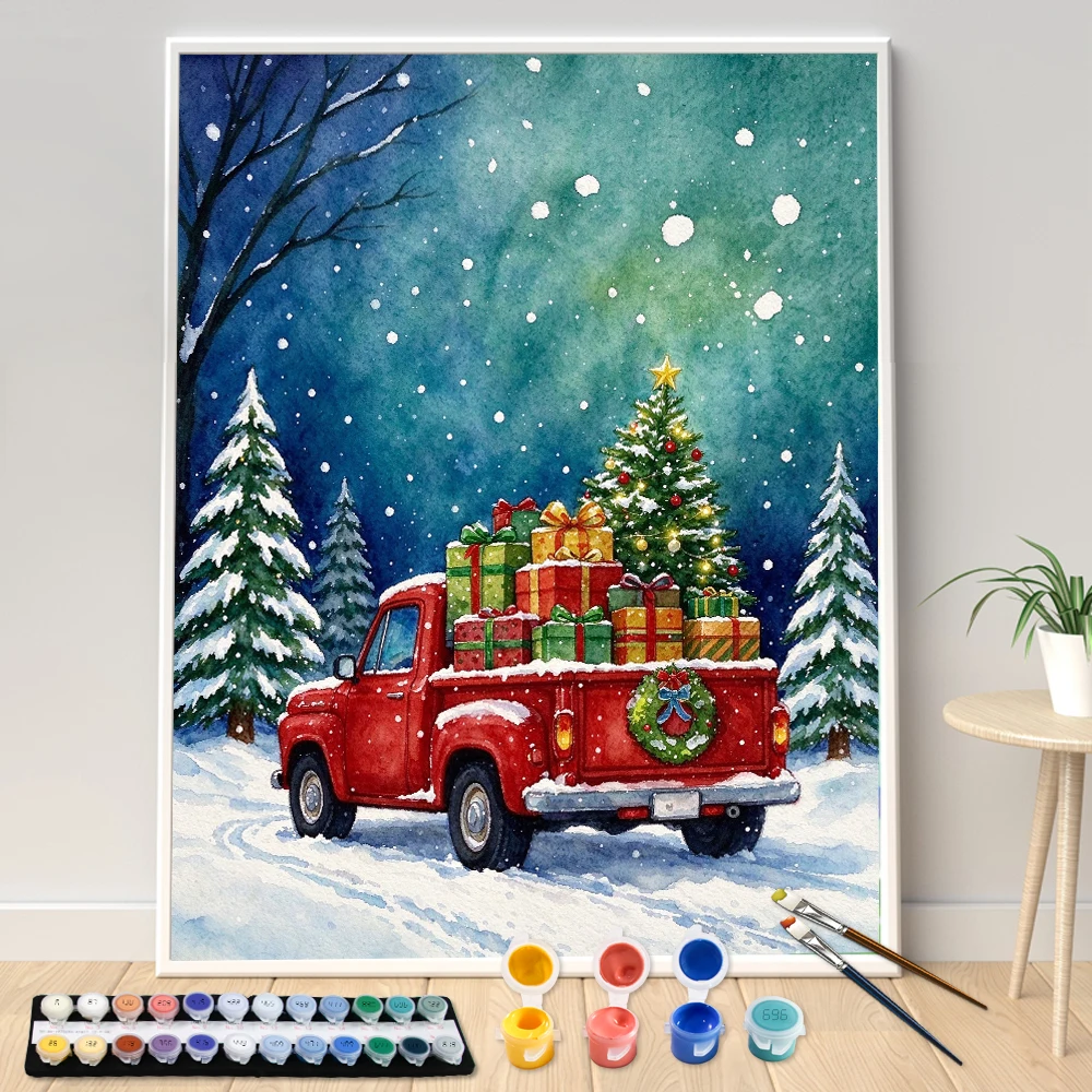 Painting by Numbers Kit DIY Winter Christmas Truck Canvas Art Hand Painting Home Decoration Personality Surprise Gift