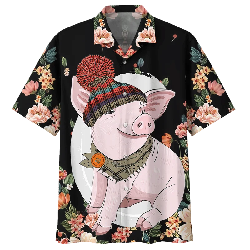 Cartoon Pig Pattern Hawaiian Shirt For Men 3D Printed Animals Short Sleeves Summer Lapel Casual  Shirts Street Button Blouses