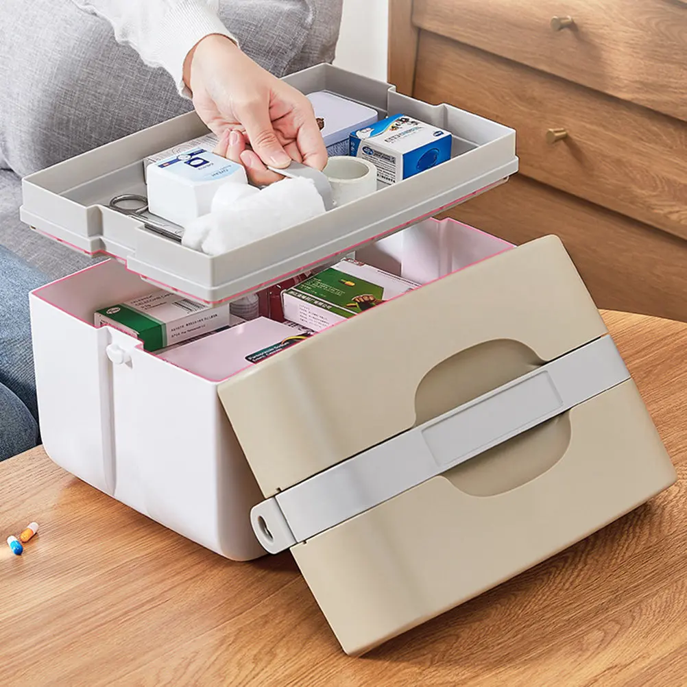 Multi-Functional Medicine Case Portable Emergency Kit Sturdy Plastic Organizer Brown Size Workplace Outdoor Travel