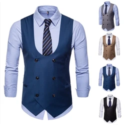 6 Buttons Men's Suit Vest Blue Solid Color Business Casual Vest Double-Breasted For Wedding Groomsmen Waistcoat Classic Fit