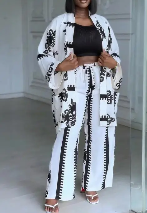 ツーピースセット レディース服 新作 ヴィンテージ バロック柄 オープンフロント 長袖コート＆ドローストリングウエスト カジュアル ワイドレッグパンツセット