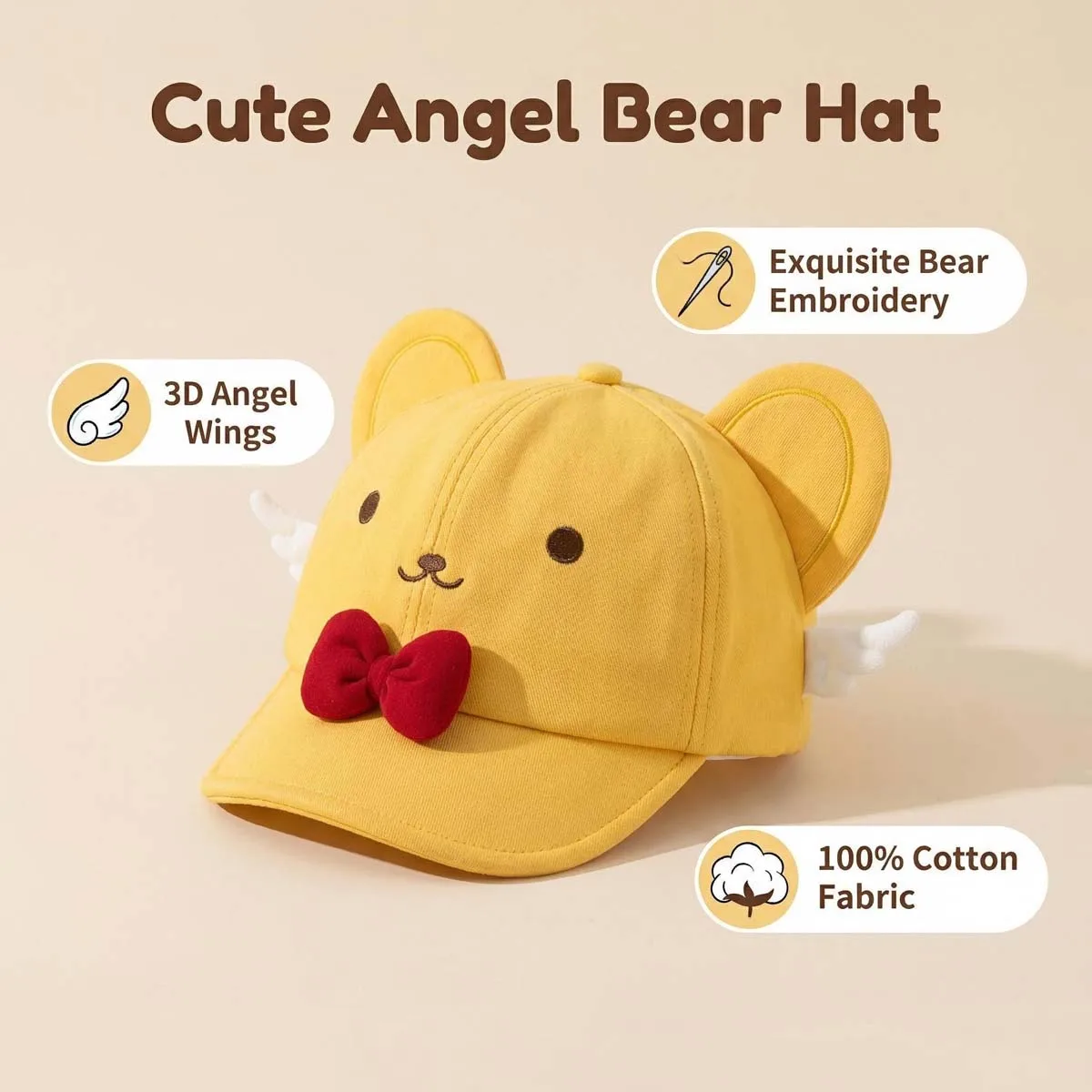Cute Style Yellow Bear Pattern Cosplay Wings Cap Summer Hats for Women Girls Kids Fashion Cartoon Sun Visors Baseball Caps