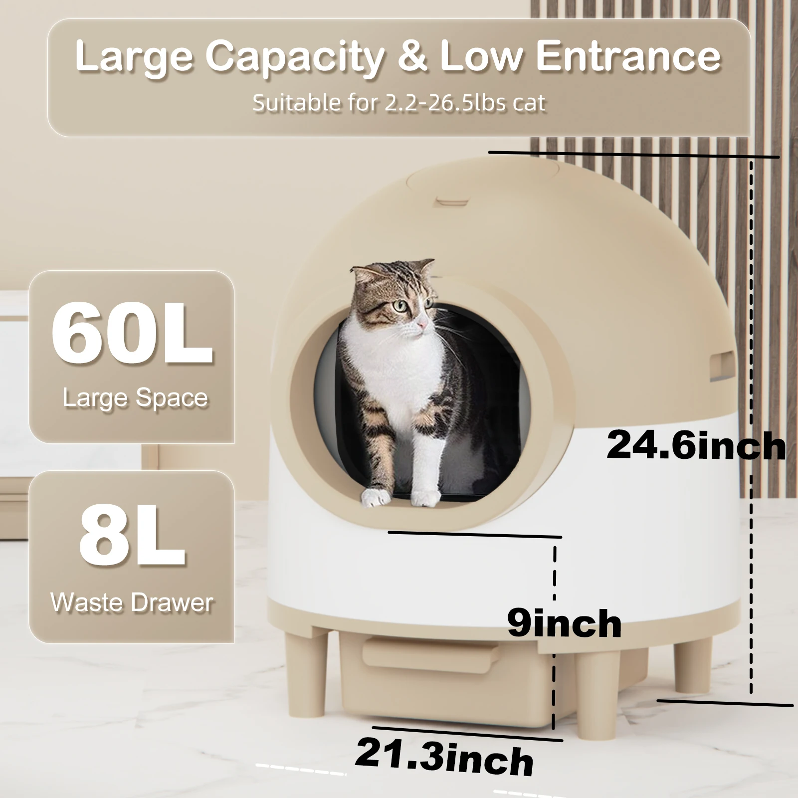 Caja de arena para gatos autolimpiante, caja de arena automática para gatos de 68L para gatos de 1,5-8kg con bolsa de basura, alfombrilla para arena, inodoro inteligente para gatos, Control por aplicación