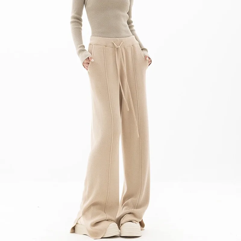 Women Loose Knit Sweatpants Elastic Waist Drawstring Split Hem Wide Leg Casual Trousers For Autumn