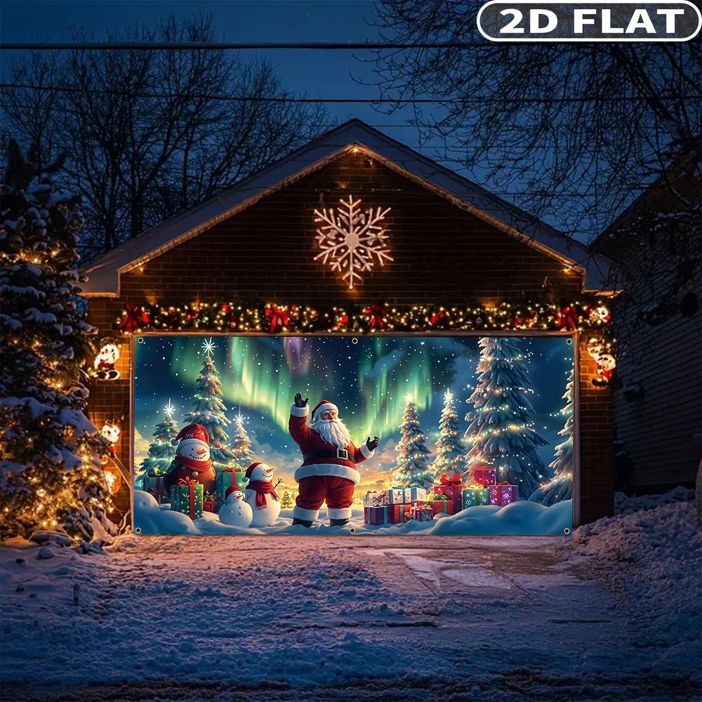1 قطعة لافتة باب المرآب الكبيرة لعيد الميلاد ، الخلفيات والافتيات الاحتفالية ، البوليستر أورورا والسماء المرصعة بالنجوم سانتا كلوز مشهد الثلج #6