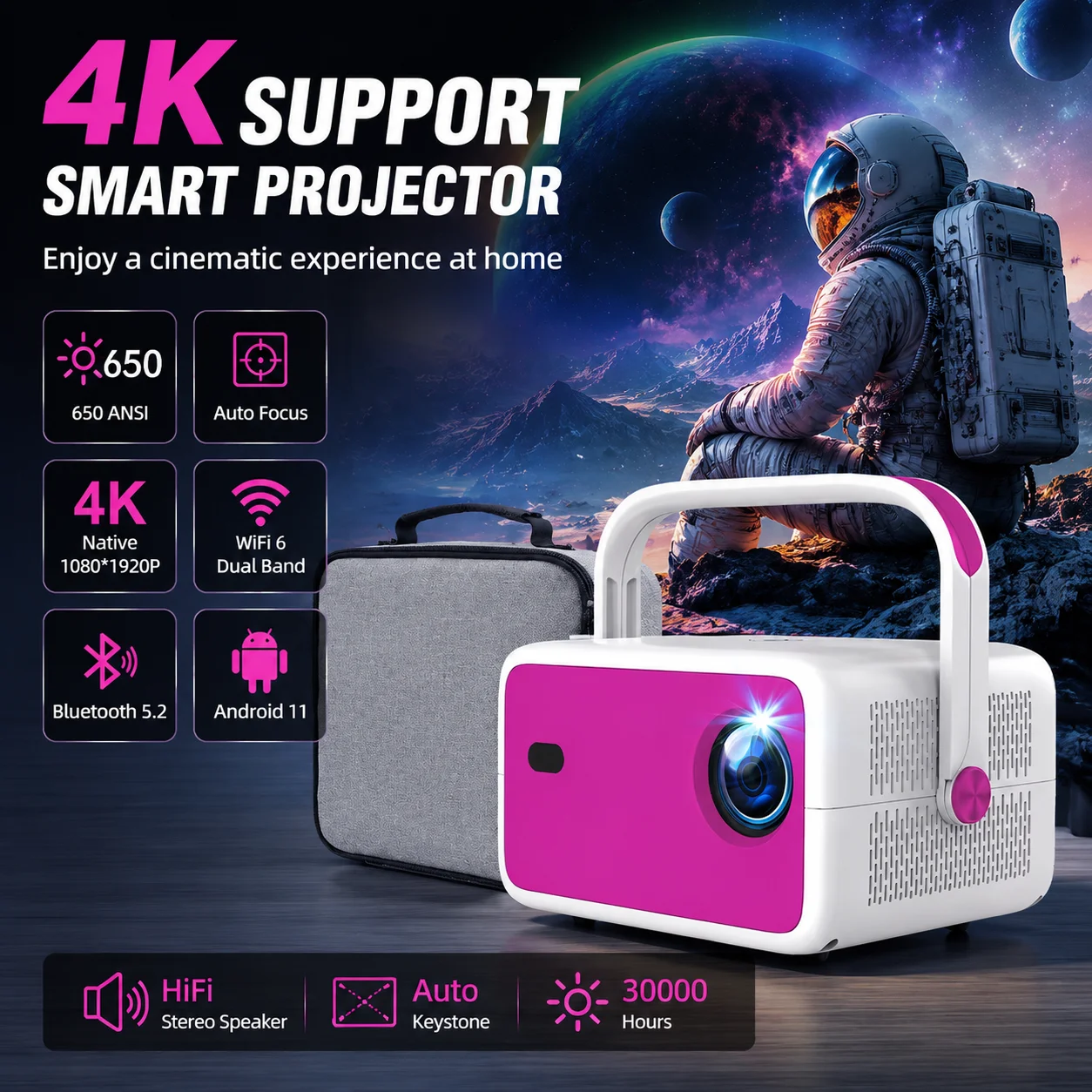 Velec TP350 Smart Projector 650 ANSI Native 1080P 4K Auto Focus WiFi Android 11 Portable Outdoor Supports Netflix & YouTube