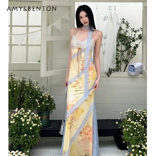 

Summer New French Style V-neck Lace Blue and Yellow Patchwork Printed Strap Dress Pink and Yellow Slit Daily Slim Long Dress