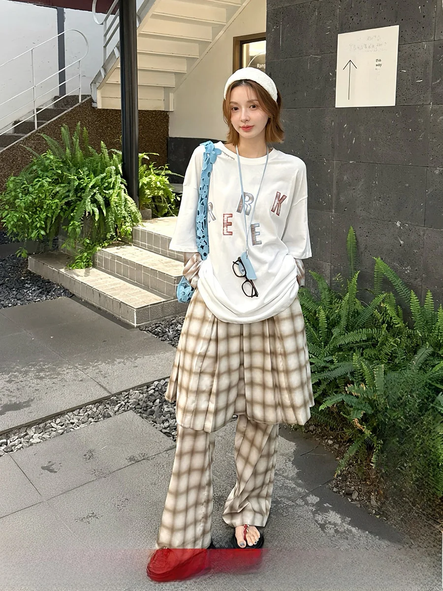 

Brand Plaid Pleated Skirt Pants Fake Two-Piece Pants Casual Straight Leg Cotton l Waist Long Summer Commute