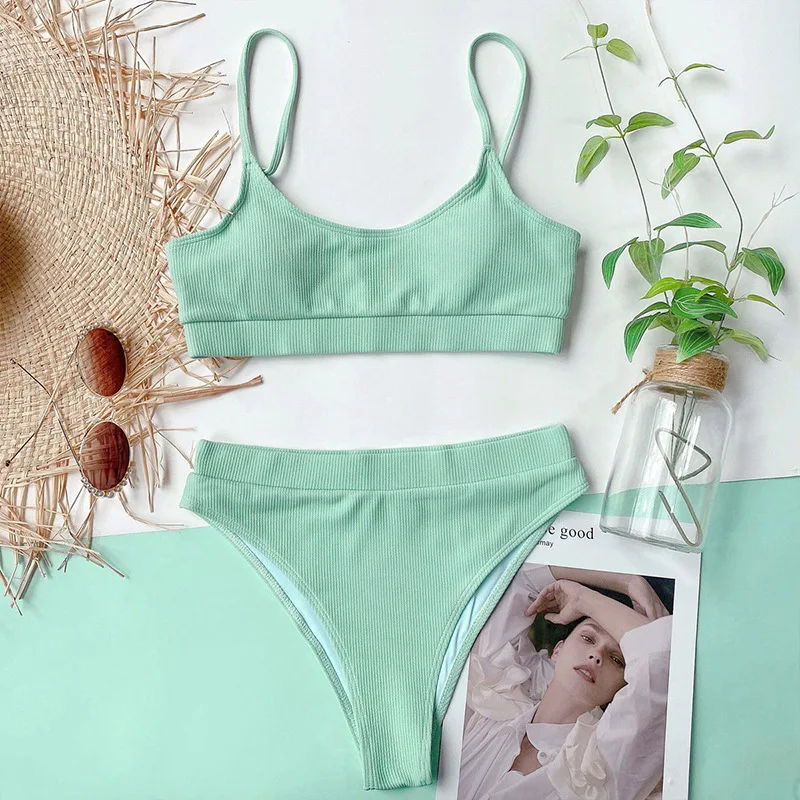 2025年新作メーカー販売ビキニ分割水着無地おしゃれハイウエストビキニスポット