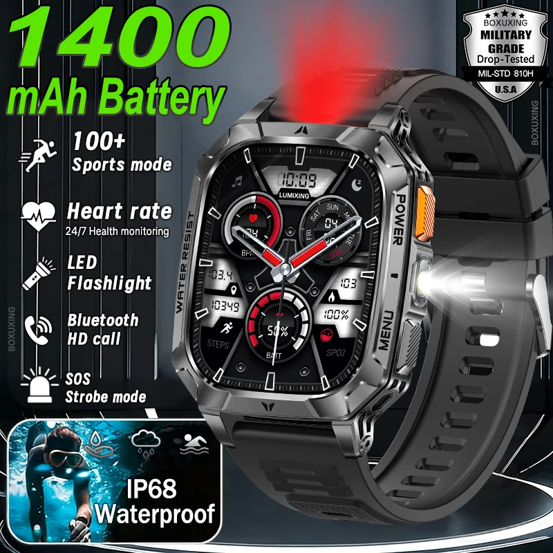 

New 1400 mAh Battery Military Smartwatch Men IP68 Waterproof Flashlight Health Monitor Sports Call Smart Watch For iOS Android